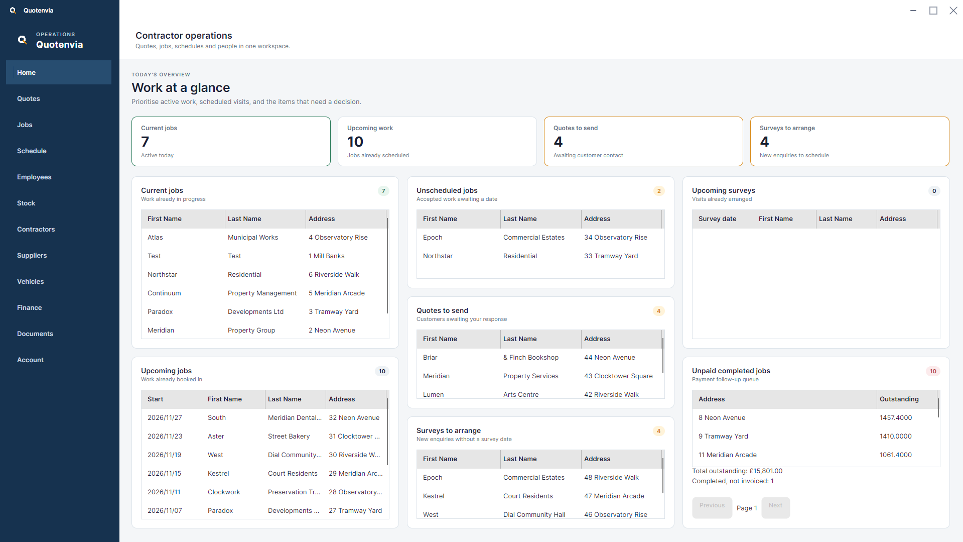 Quotenvia development dashboard with fictional work records; the application is in development.
