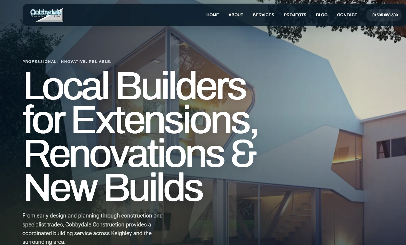 The redesigned Cobbydale homepage hero with architectural photography and large introductory heading.