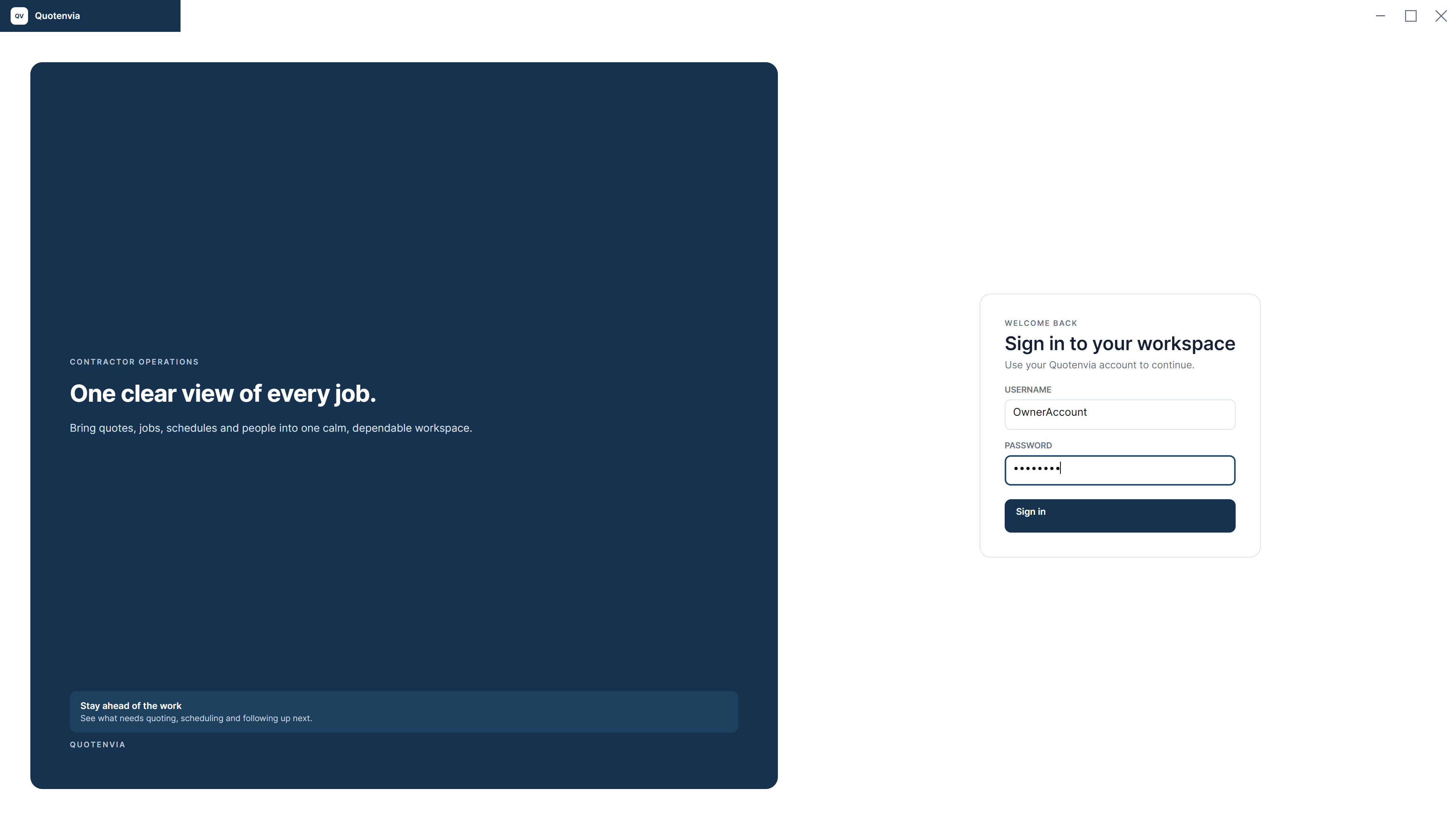 Quotenvia contractor operations workspace sign-in screen